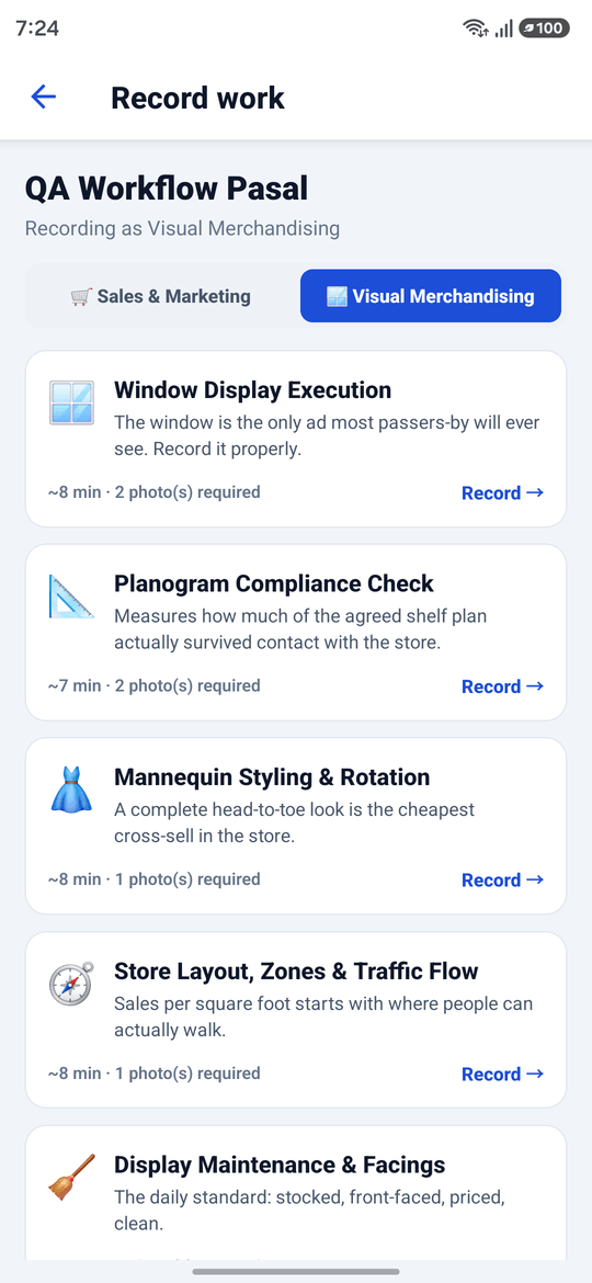 Mobile record-work screen with Sales & Marketing and Visual Merchandising tabs listing capture modules such as window display execution, planogram compliance, and mannequin styling