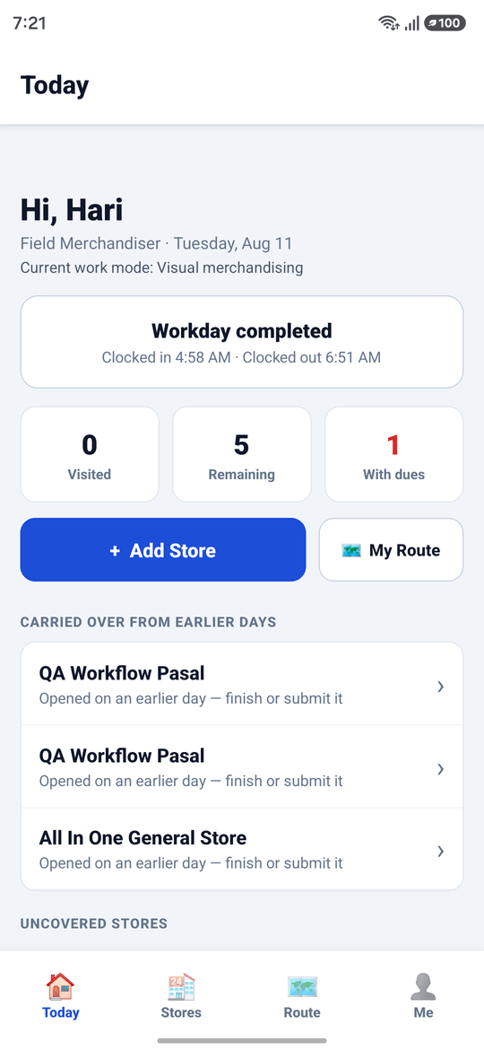 Mobile Today screen showing the merchandiser's name and role, workday clock-in and clock-out times, stores visited and remaining, dues outstanding, and visits carried over from earlier days