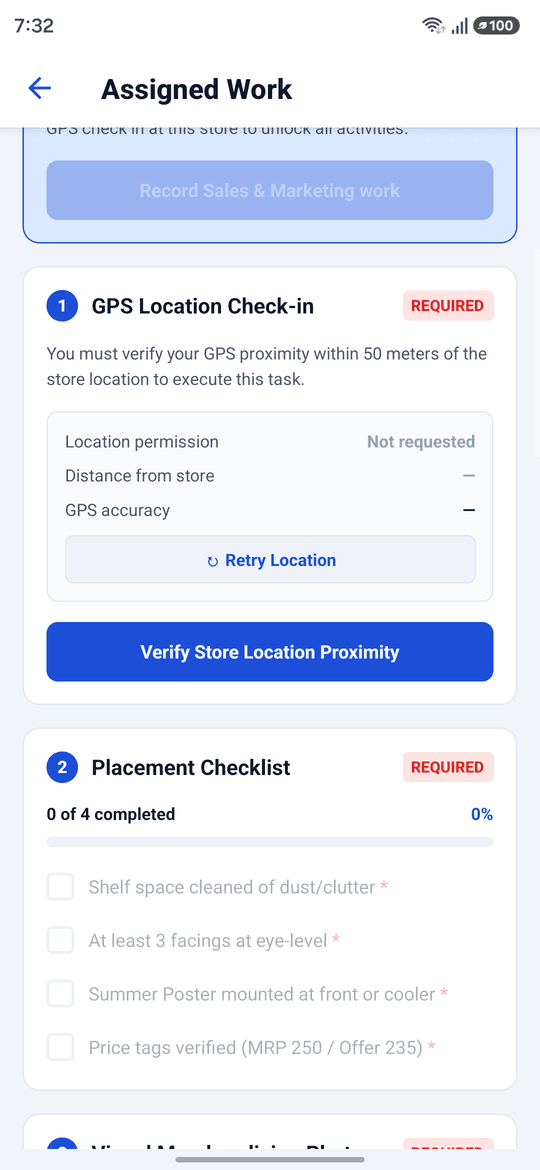 Mobile screen showing GPS location check-in with permission, distance and accuracy readings, and a required placement checklist at zero of four completed