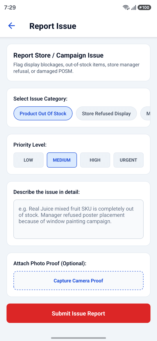 Mobile report issue screen with issue category chips, low to urgent priority levels, a description field, and optional camera proof attachment
