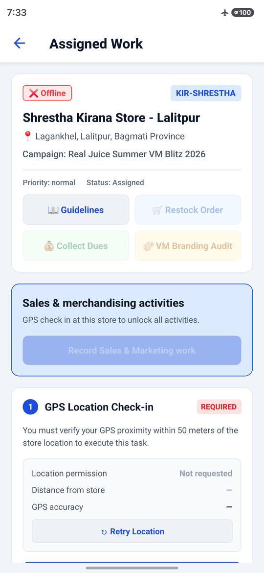 Mobile assigned work screen displaying an offline badge while the device is in airplane mode, with the task still fully usable