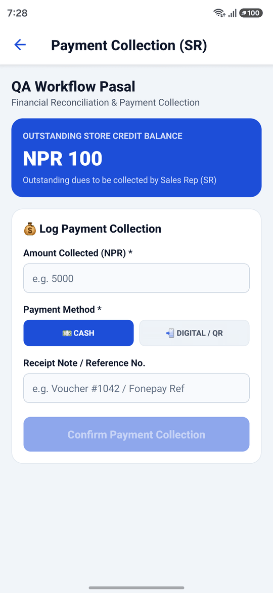 Mobile payment collection screen showing the outstanding store credit balance, amount collected, cash or digital QR payment method, and a receipt reference field