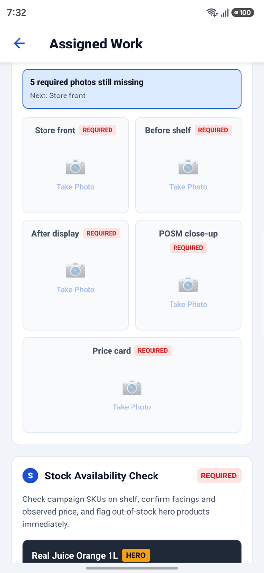 Mobile photo proof grid showing five required photos still missing — store front, before shelf, after display, POSM close-up, and price card