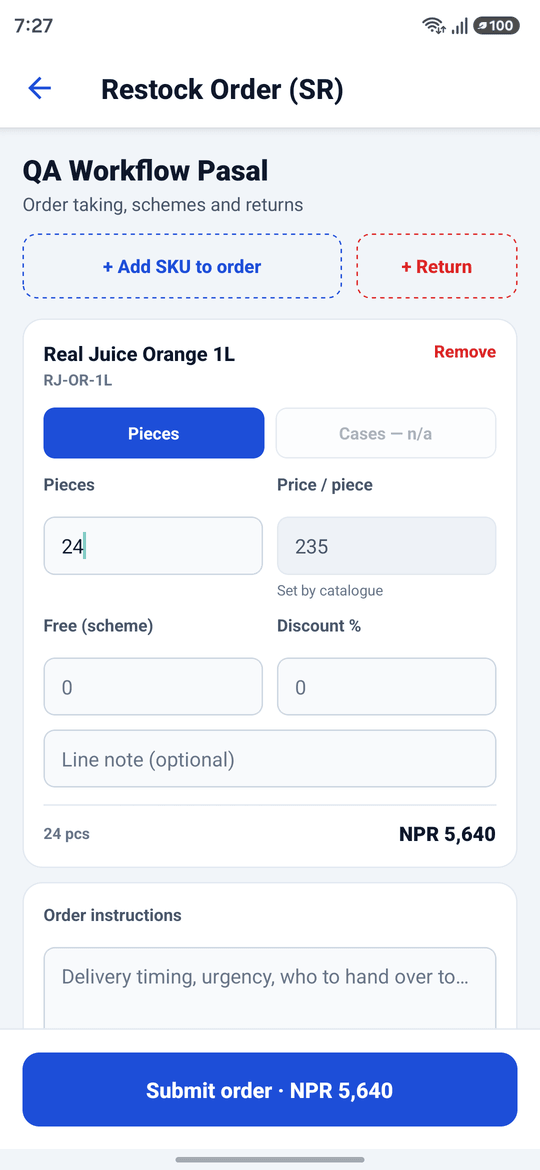Mobile restock order screen with a catalogue line item, pieces and cases toggle, price per piece set by catalogue, scheme free goods, discount, and a live order total