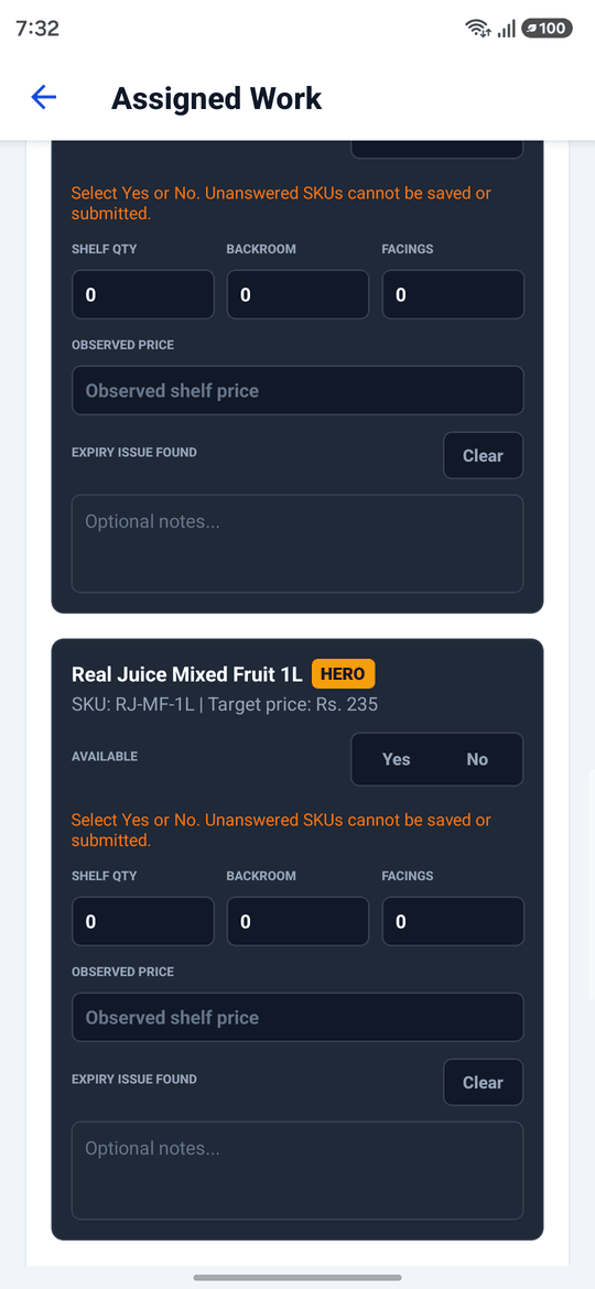Mobile stock availability check capturing per-SKU availability, shelf quantity, backroom quantity, facings, observed shelf price, and expiry issues