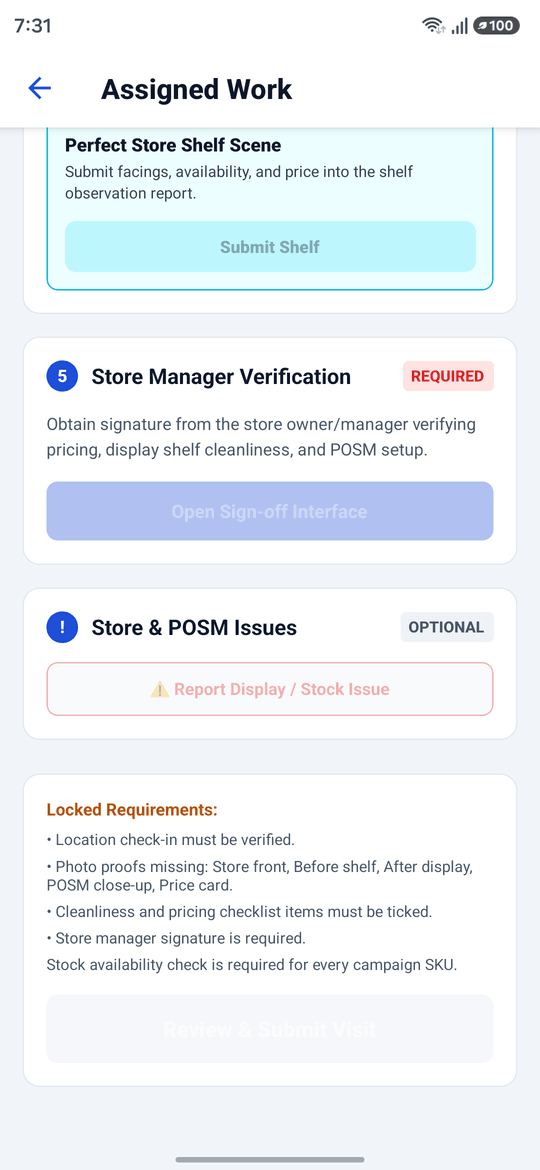 Mobile screen showing the shelf scene submission, required store manager verification signature, and a locked requirements list blocking submit until proof, checklist and signature exist