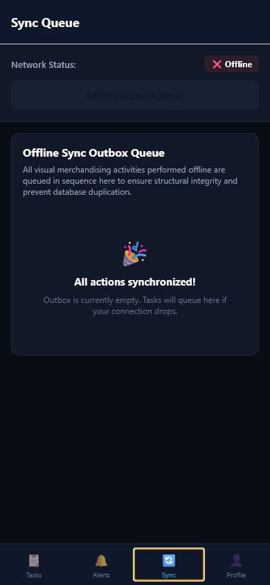 Mobile sync queue showing offline status and queued actions area