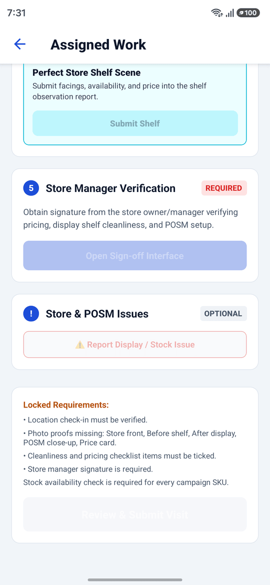 Mobile assigned work screen for a campaign task showing network status, store and campaign, guideline and restock shortcuts, and a required GPS location check-in