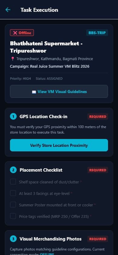 Mobile task execution showing offline state, GPS check-in, checklist, and required photo proof