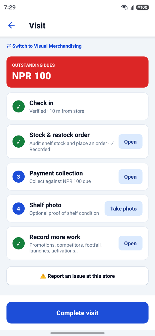 The field app mid-visit, showing a GPS-verified check-in ten metres from the store